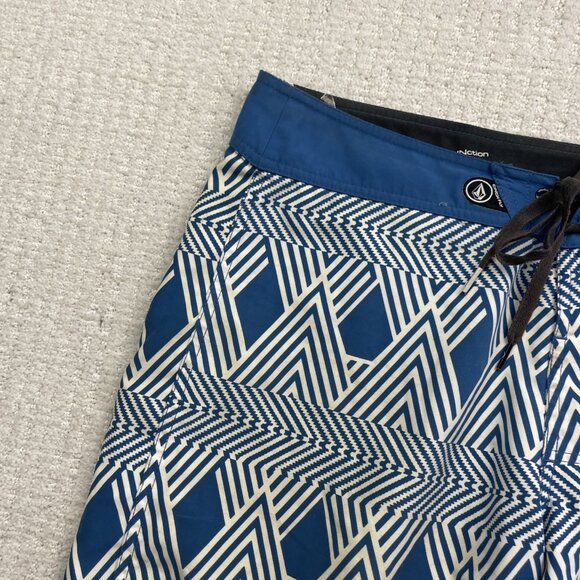 Y2K Volcom Board Shorts Men Psychedelic Blue Stripe Cinch Fly Pure Function *34* - Picture 5 of 16